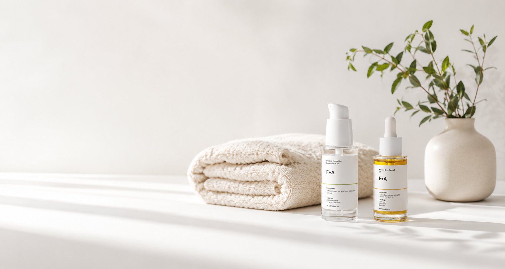 Two skincare bottles on a white surface with a folded towel and a vase with greenery in the background.