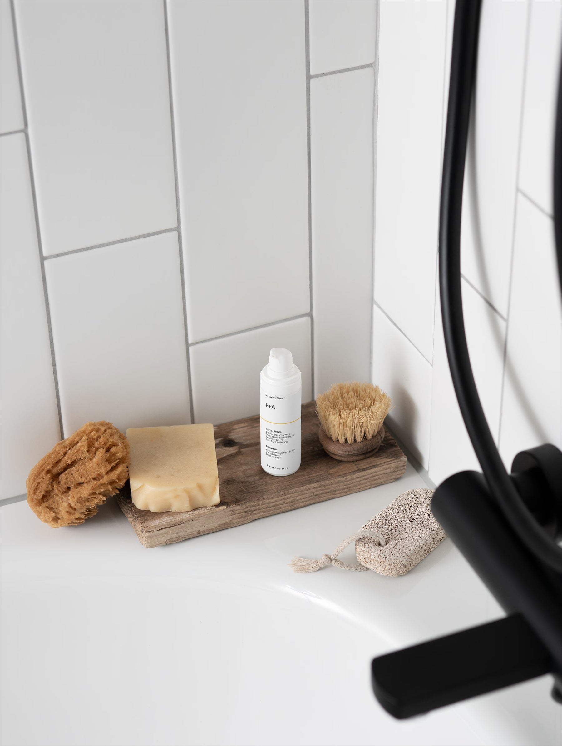 Bathroom setting with natural cleaning tools on a bathtub